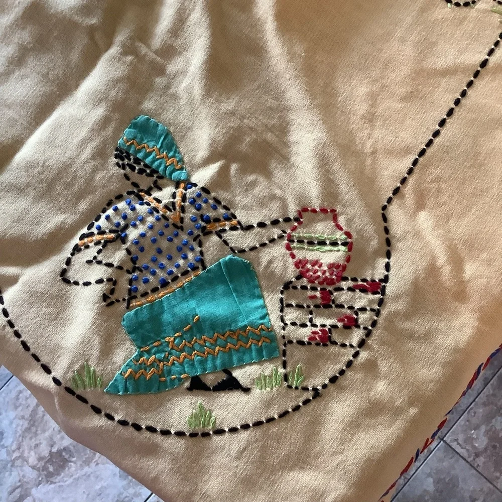 Vintage Kitschy Embroidered Southwest Aztec Yellow Tablecloth Table Linens